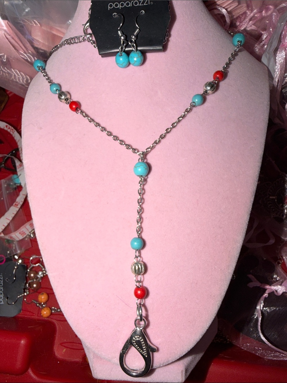 paparazzi Turquoise, Red Color Beaded Lariat Necklace, Silver Tone Chain (J0182)